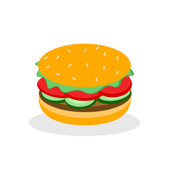 Burger sandwich isolated on white background. Fast food menu. Hamburger with beef, cheese. Vector cartoon design