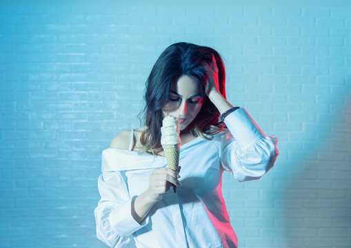 Portrait Of Young Woman With Ice Cream Cone, Trendy Duotone Effect