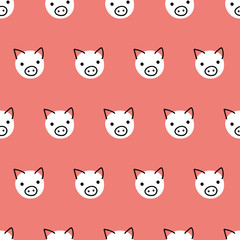Seamless vector pattern repeat pigs. Cute polka dot pig faces background white on coral red. Geometric kids design. For fabric, kids decor, gift wrap, packaging, digital paper, nursery, new year card.