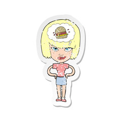 retro distressed sticker of a cartoon woman thinking about junk food