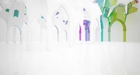 Abstract white and colored gradient glasses gothic interior. 3D illustration and rendering.