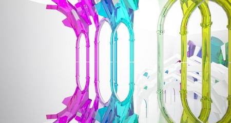 Abstract white and colored gradient glasses gothic interior. 3D illustration and rendering.
