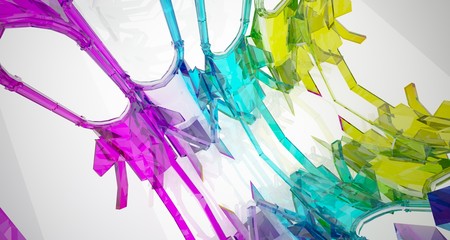 Abstract white and colored gradient glasses gothic interior. 3D illustration and rendering.