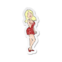retro distressed sticker of a cartoon pretty woman in cocktail dress