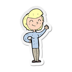 sticker of a cartoon friendly waving woman