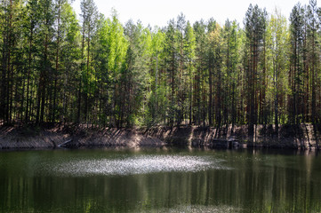 Fototapeta na wymiar Sun glare on the surface of a forest lake.