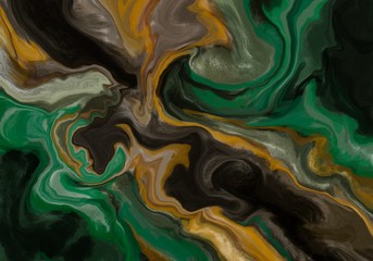 Super duper gorgeous abstract painting. Liquid paint technique background. Marble effect painting. Background for wallpapers, posters, cards, invitations, websites. Mixed green, gold and brown. - 251655143
