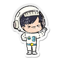 distressed sticker of a cartoon astronaut woman