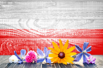 Grunge flag of Poland with wildflowers. Wooden texture. Background for design and text.