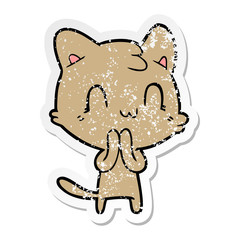 distressed sticker of a cartoon happy cat