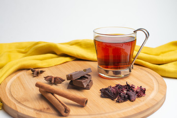 Tea with jam and chocolate for breakfast