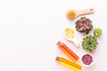 Spa background with handmade bio cosmetic and  cactus composition, flat lay, space for a text - Image.