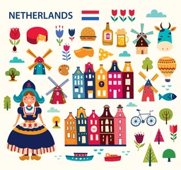 Fotobehang Vector illustration in cartoon style with symbols of Netherlands © moleskostudio