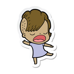 sticker of a cartoon cool hipster girl talking
