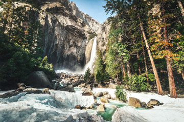 Lower Yosemite Falls at winter (long exposure) - Yosemite National Park, California, USA - obrazy, fototapety, plakaty