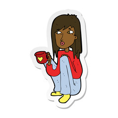 sticker of a cartoon woman sitting with cup of coffee