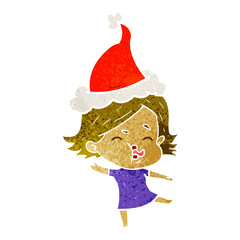 retro cartoon of a girl pulling face wearing santa hat