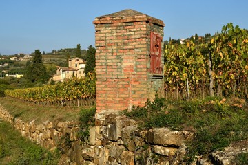 old water well and beautiful vineyards during the autumn season. Located near Greve in Chianti ...