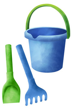 Baby toy plastic bucket and sand shovel individual elements, grunge objects, classic beach toys for tiny boys and girls