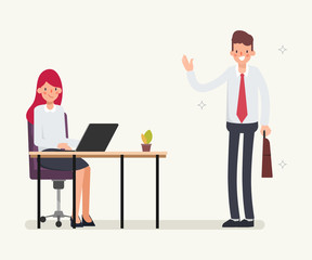 Business people colleague co working character. Animation scene businessman greeting to businesswoman. Animation scene for motion graphic.