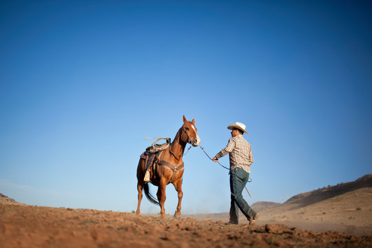 Rancher holding the reins of a horse.