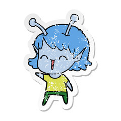distressed sticker of a cartoon alien girl laughing