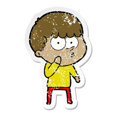 distressed sticker of a cartoon curious boy