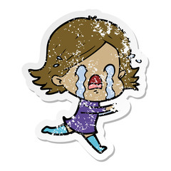 distressed sticker of a cartoon woman crying