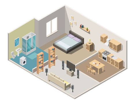 Isometric interior apartment vector illustration modern set of bathroom, kitchen, living room, bedroom.