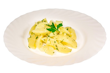 potato dish from the restaurant. isolated background. view from above. side view