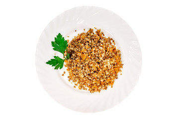 buckwheat dish from the restaurant. isolated background. view from above. side view