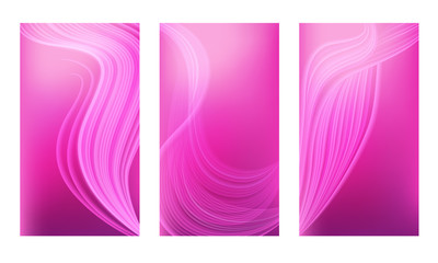 Set of vertical abstract color backgrounds with wavy blurred shapes. Screen wallpaper template is vibrant pink gradient. Vector illustration.