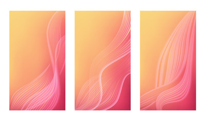 Set of vertical abstract color backgrounds with wavy blurred shapes. Screen wallpaper template is soft coral gradient. Vector illustration.