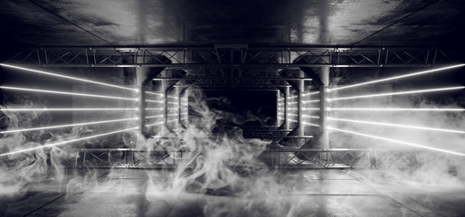 Smoke Alien Sci Fi Neon Led Laser White Glowing Dark Light Lines In Futuristic Modern Construction Stage Tunnel Grunge Concrete 3D Rendering