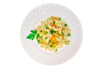 pasta dish from the restaurant. isolated background. view from above. side view