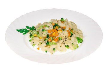 pasta dish from the restaurant. isolated background. view from above. side view