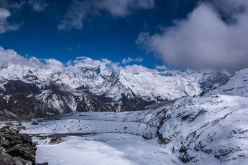 Fototapeta na wymiar Landscape view of glacier lake near the track..View from Kongma La pass. Sagarmatha (Everest) National Park, Nepal.