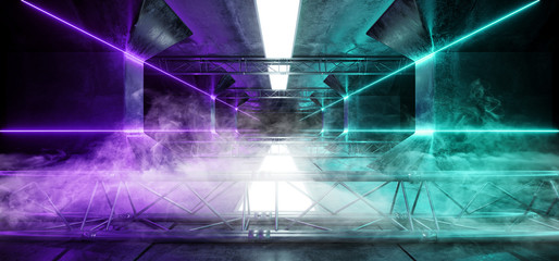 Smoke Smoke Alien Sci Fi Neon Led Laser Blue Purple Glowing Dark Light Lines In Futuristic Modern Construction Stage Tunnel Grunge Concrete 3D Rendering