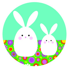 cute Easter bunnies on circle shape with floral pattern