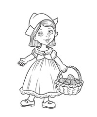 cute girl in a red cap with a basket in hand, black and white illustration contour.