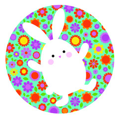 cute Easter bunny on circle shape with floral pattern