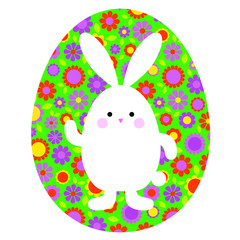 cute Easter bunny on green floral pattern egg
