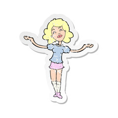 retro distressed sticker of a cartoon woman taking praise