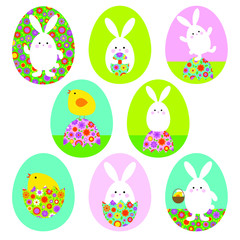Easter bunny and baby chick graphics on Easter egg shapes