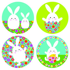 Easter bunny graphics with floral patterns on circle shapes