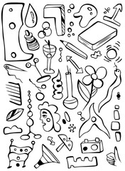 Black and white doodle style illustration with abstract symbols. Perfect illustration for coloring book, textile. Surreal art isolated on background