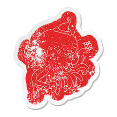 cartoon distressed sticker of a jellyfish in love wearing santa hat