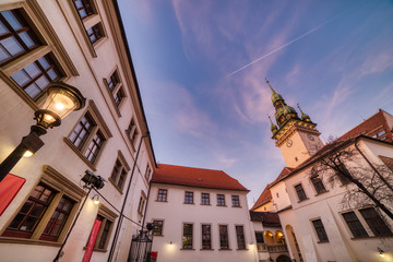 Obraz premium Brno Old Town Hall with a Small Square and Old Tower at Dusk, Czech Republic