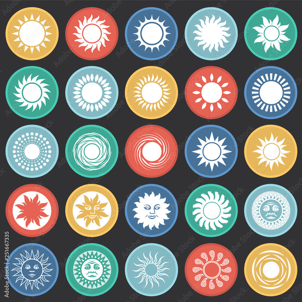 Poster sun icons set on color circles black background for graphic and web design, modern simple vector sig