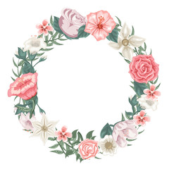 Circle frame of roses, tulips and different flowers